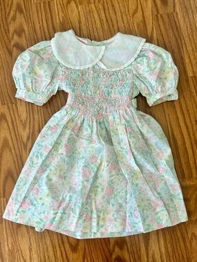 Vintage Polly Flinders Hand-Smocked Floral Dress – Girls Size 5 (c. 1989–1993)